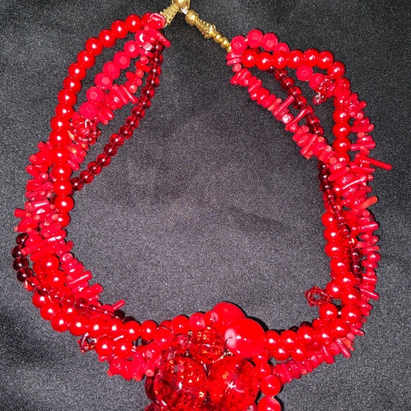 Artisan Red Coral & Glass Statement Necklace – 4-Strand Vintage Materials - Picture 2 of 6